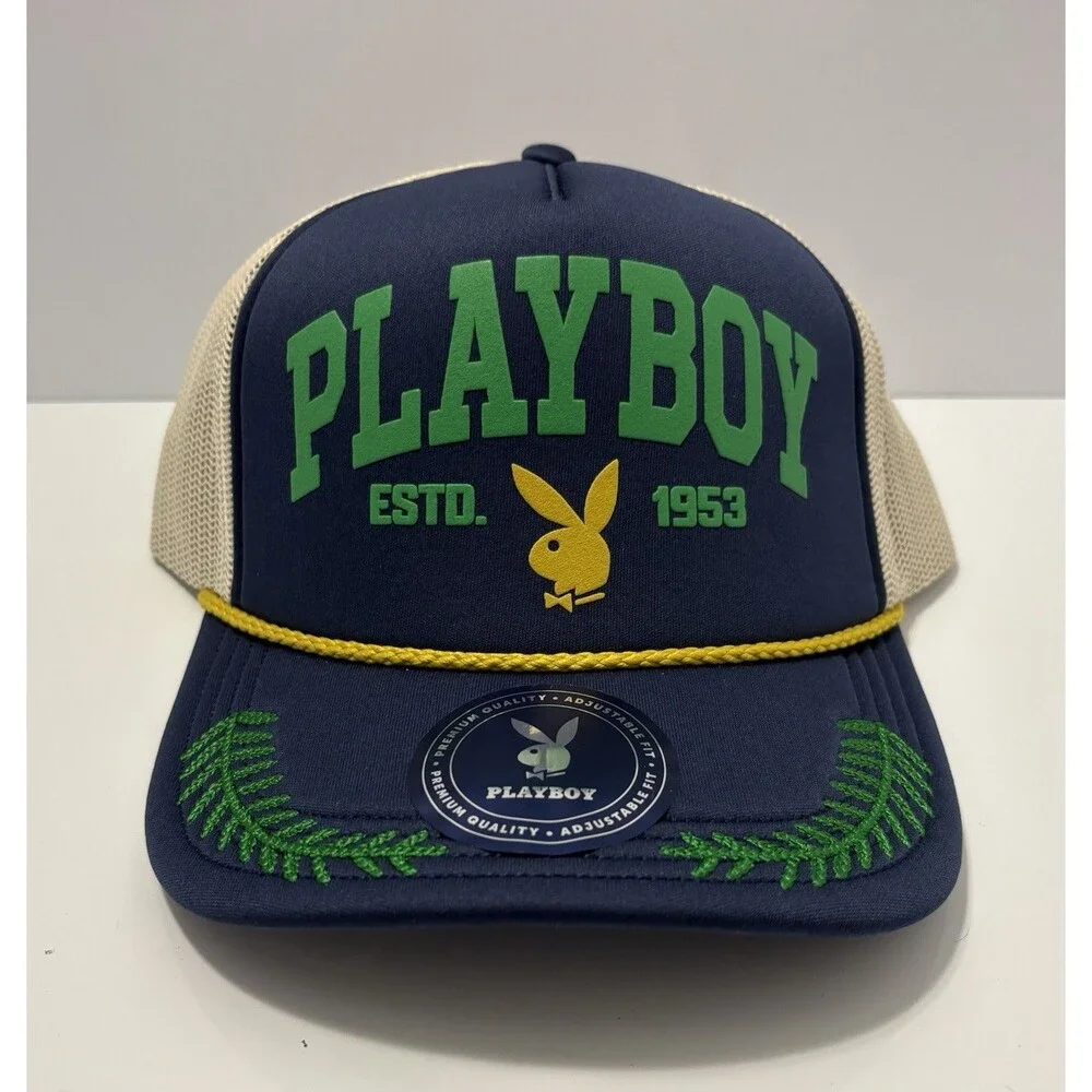 Playboy Foam Trucker Snapback Hat Blue Green Tan Embroidery Bunny Logo Cap